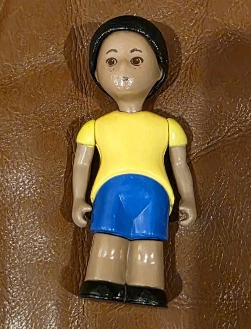4.5 Inch Vtg African American Little Tikes Child Doll Yellow Shirt Blue Shorts